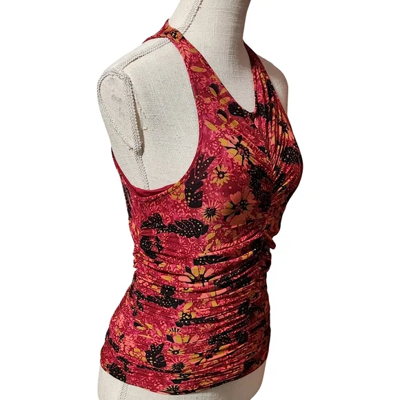 EVEREVE Novah Floral Mesh Ruched Tank Top Women XS Pink Multi Summer Y2K - Picture 8 of 14
